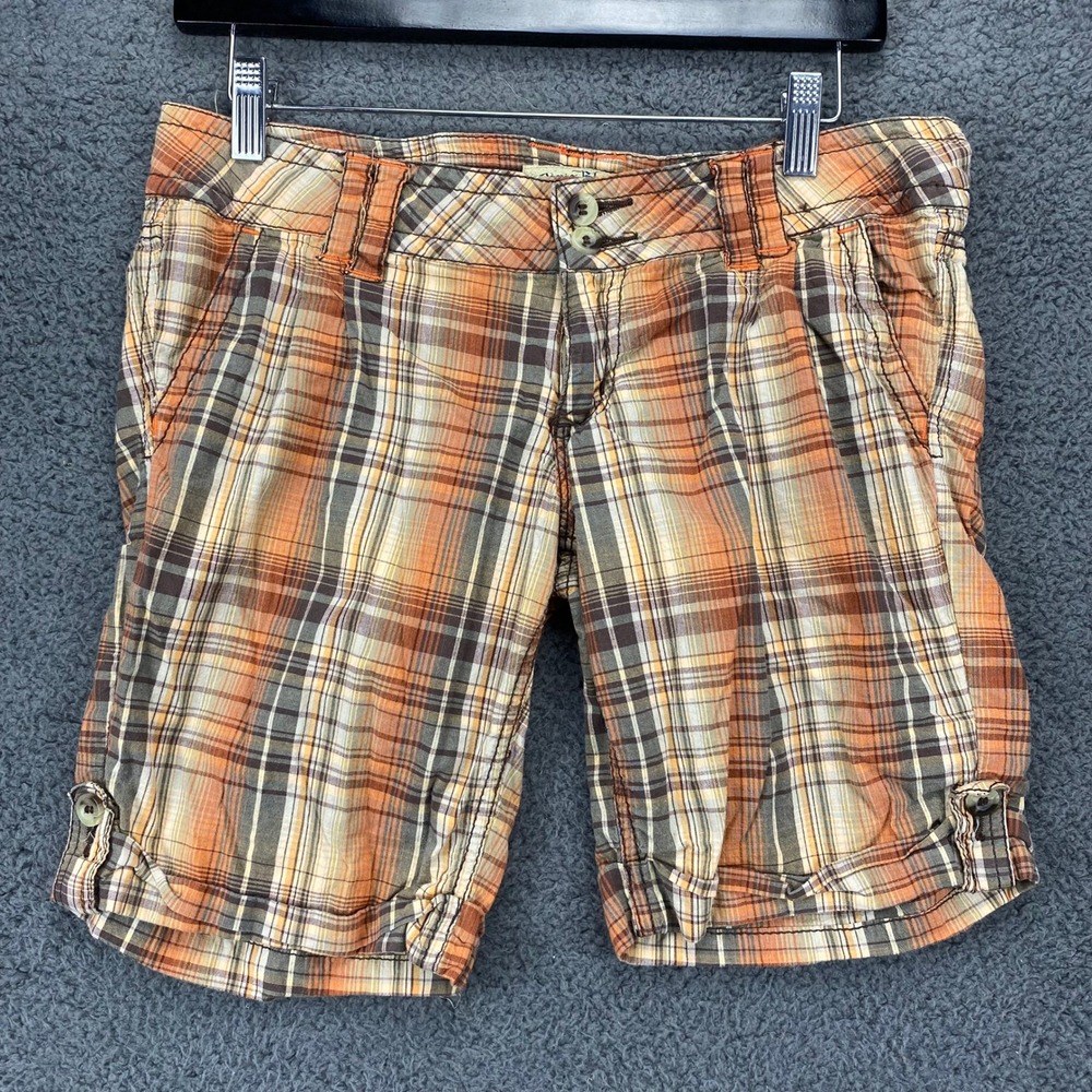 Paris Blues Plaid Bermuda Shorts Cuffed Hem Casual Orange Brown Size 7‎